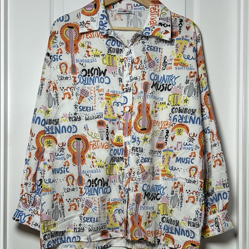 Nylon Apparel Colorful Country Music Novelty Print Button Up Shirt Western Style